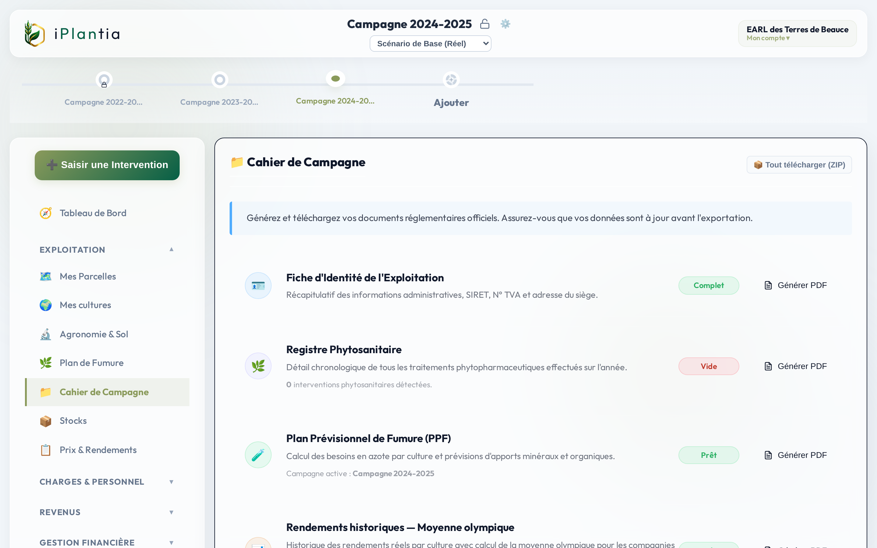 Rapports et exports dans iPlantia — cahier de campagne et documents officiels
