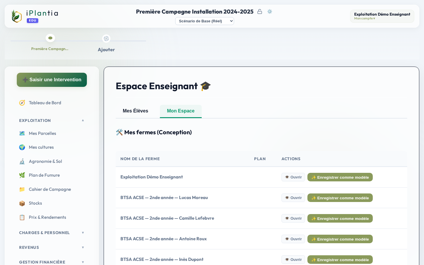 Vue des scénarios disponibles — différentes exploitations et configurations
