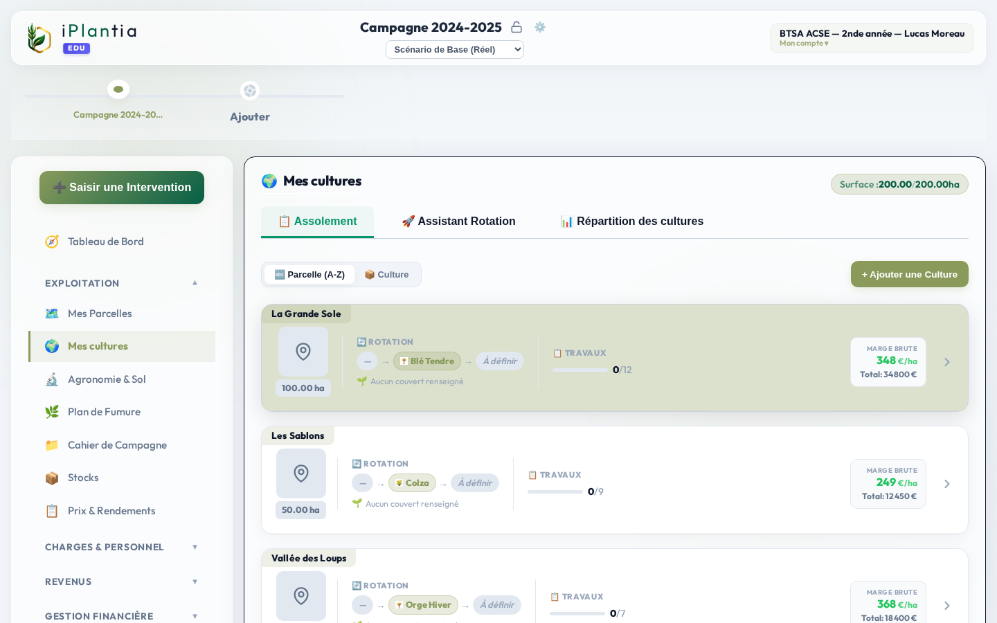 Vue de l'assolement parcellaire depuis un compte étudiant dans iPlantia
