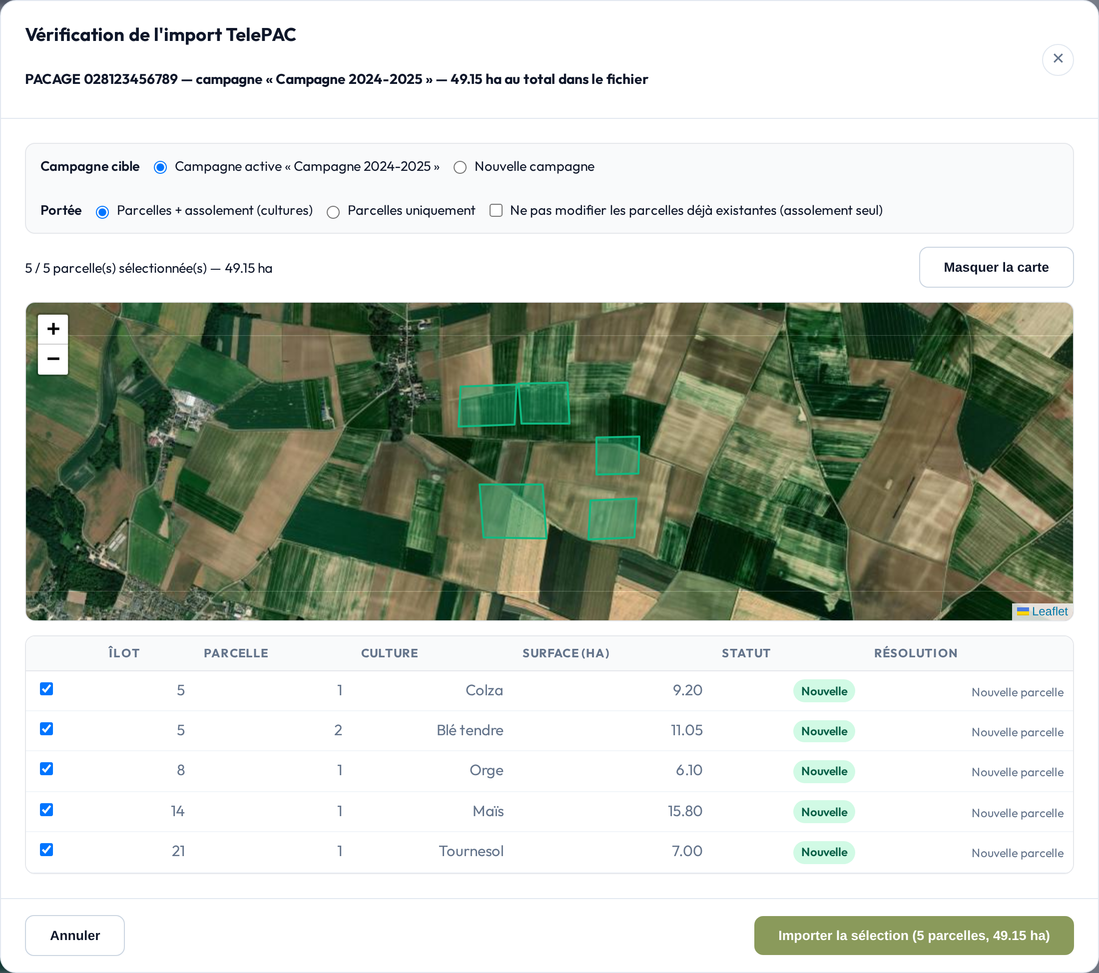 Prévisualisation d'un import TelePAC dans iPlantia